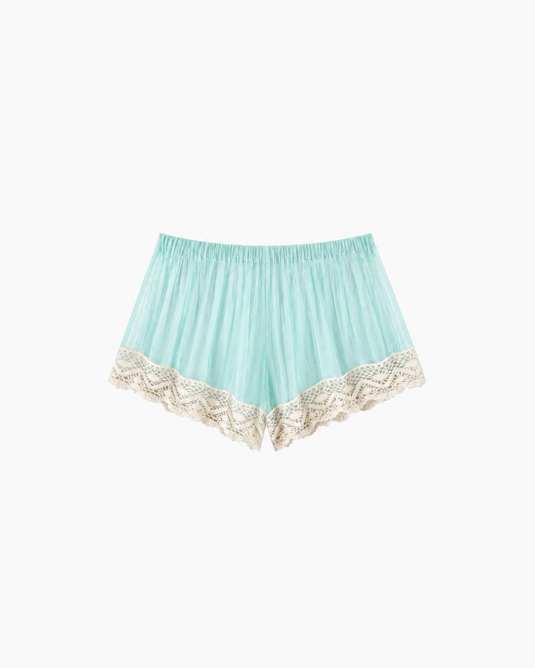 Shorts Tule Com Renda verde-água, com cós elástico e acabamento em renda bege, vista frontal
