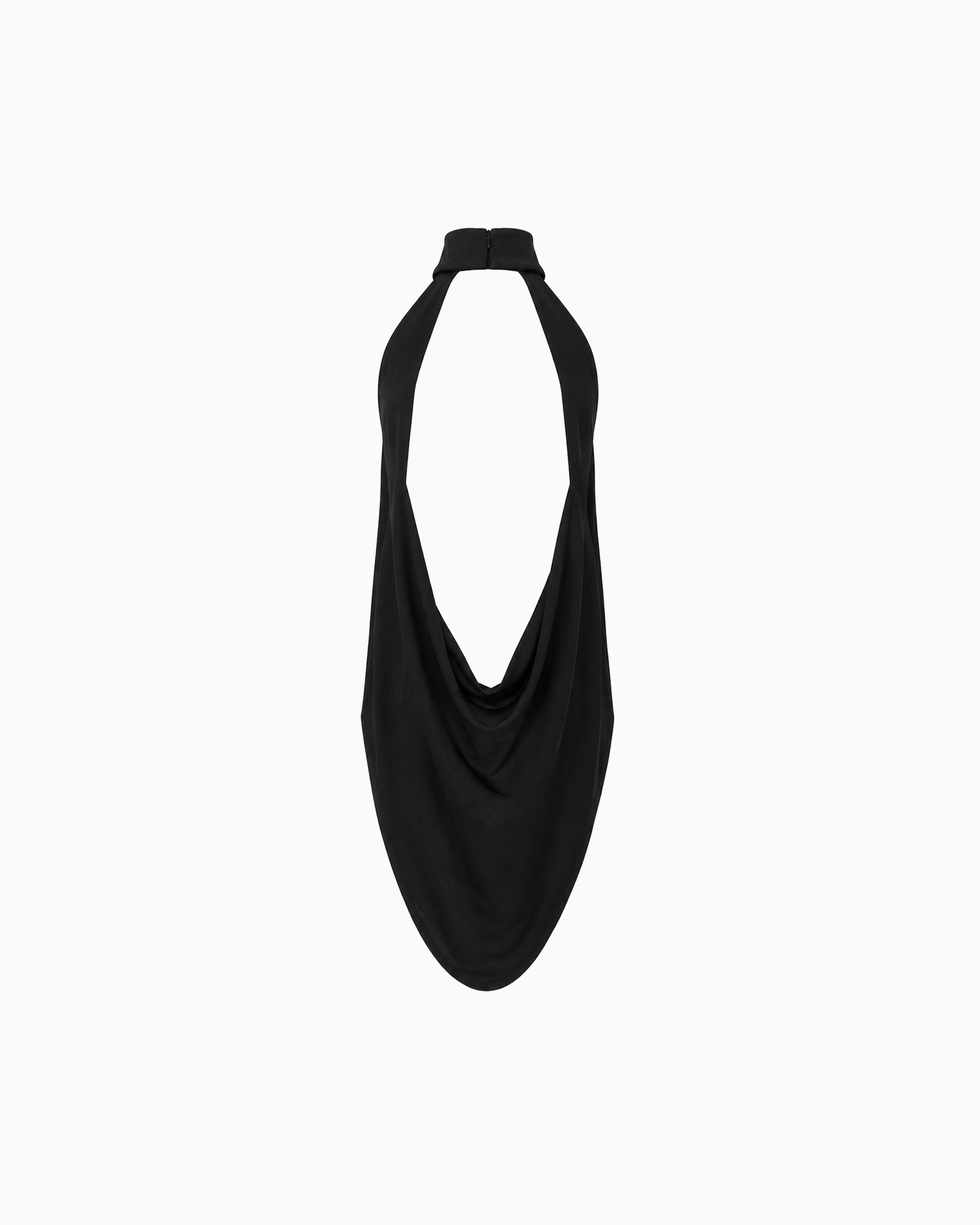 Top Com Costas Extensa preto com costas abertas e caimento drapeado, vista traseira