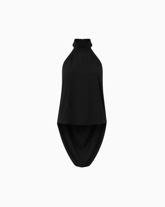 Top Com Costas Extensa preto com gola alta e comprimento posterior alongado, vista frontal
