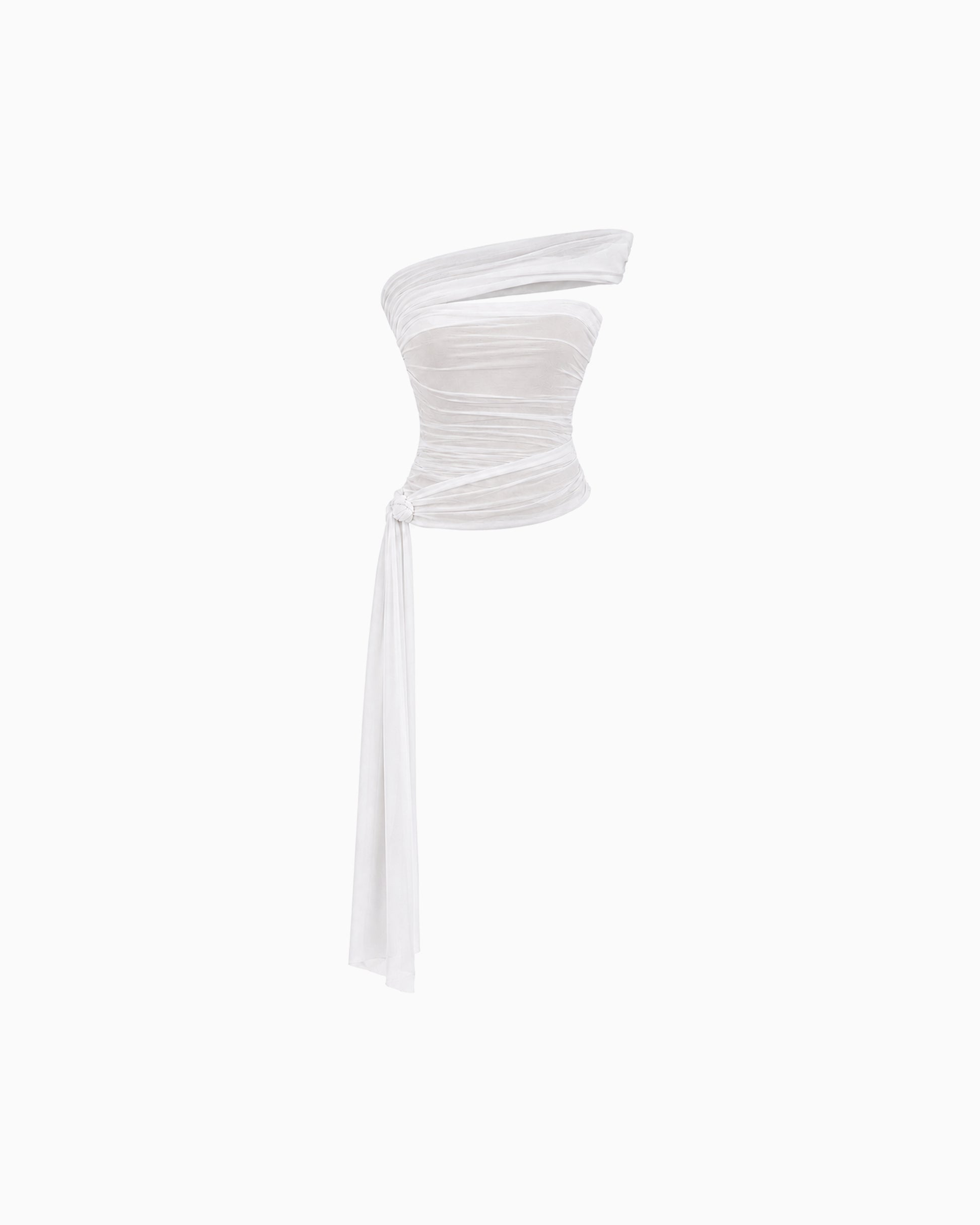 Top Faixa Lateral Tule branco, vista frontal da peça drapeada com faixa longa