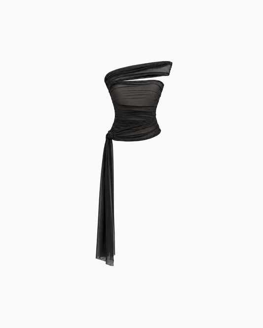Top Faixa Lateral Tule preto, vista frontal da peça drapeada com faixa longa