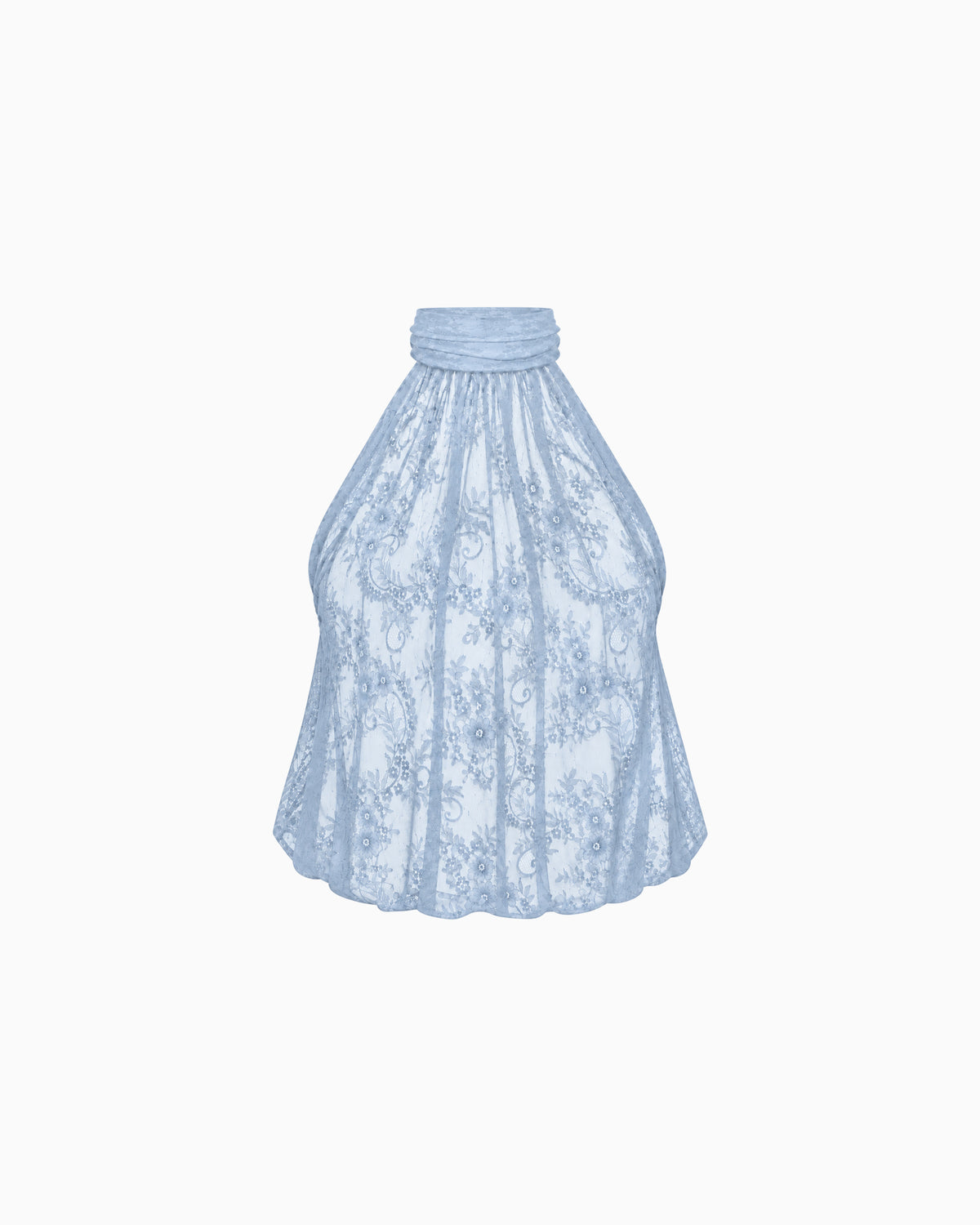 Top Halter de Renda Floral azul-claro com gola alta franzida, vistas frontal e traseira