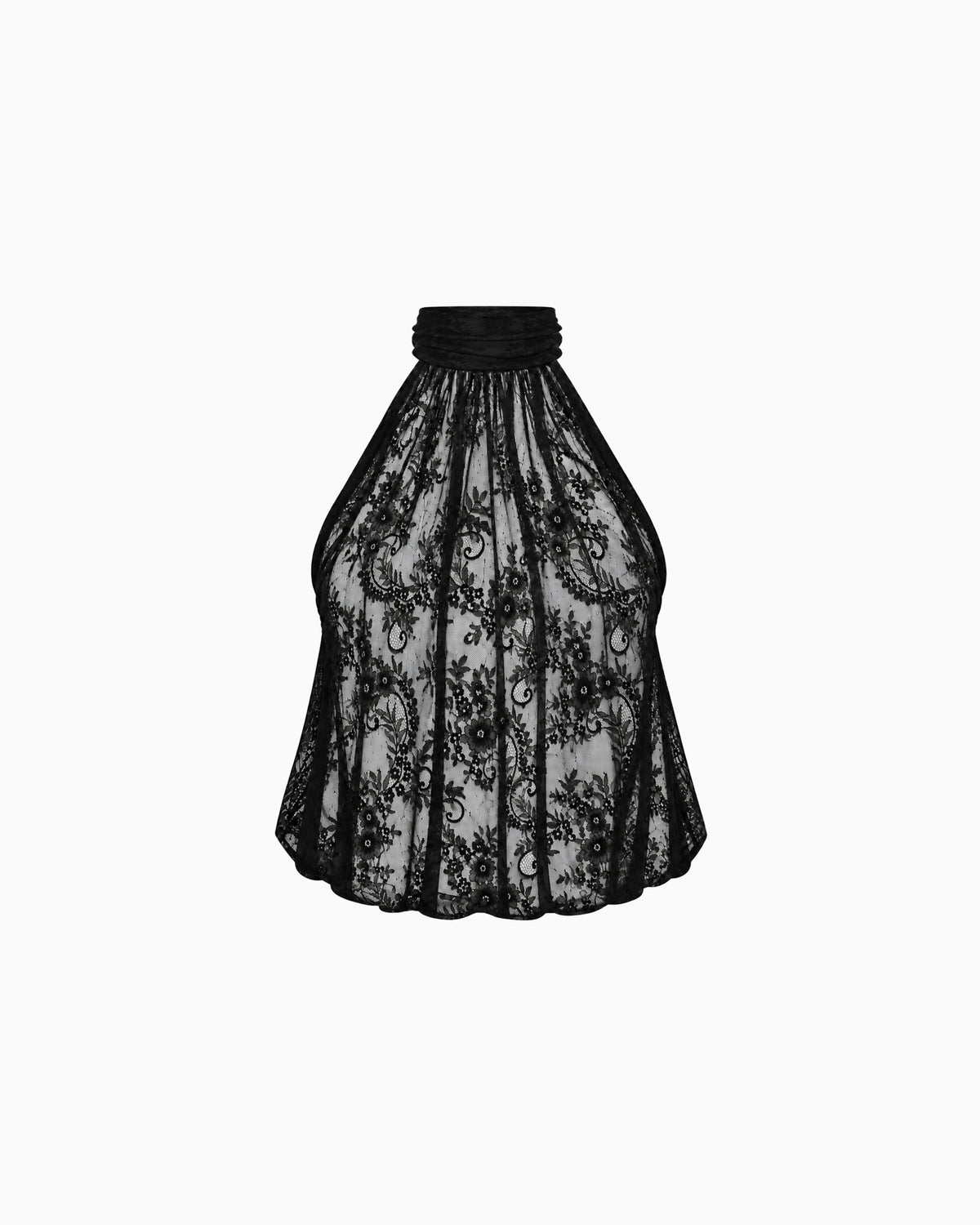 Top Halter de Renda Floral preto com gola alta franzida, vista frontal