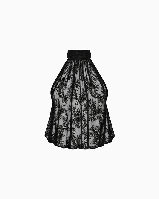 Top Halter de Renda Floral preto com gola alta franzida, vista frontal