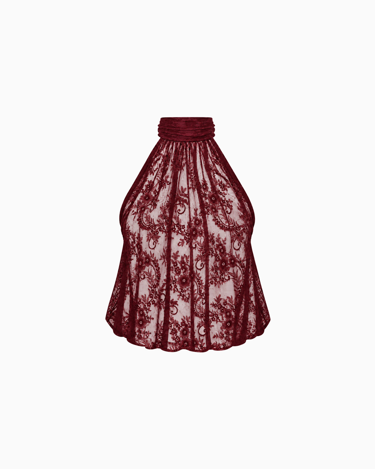 Top Halter de Renda Floral vinho com gola alta franzida, vista frontal