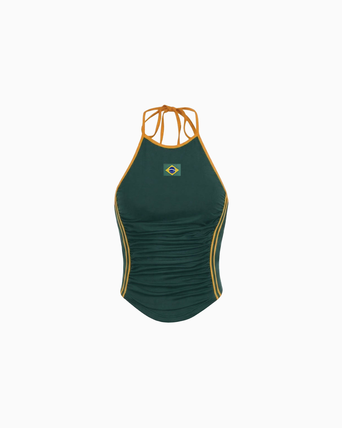 Top Halter Drapeado Hexa verde com viés amarelo, decote alto, alças cruzadas nas costas e franzido lateral