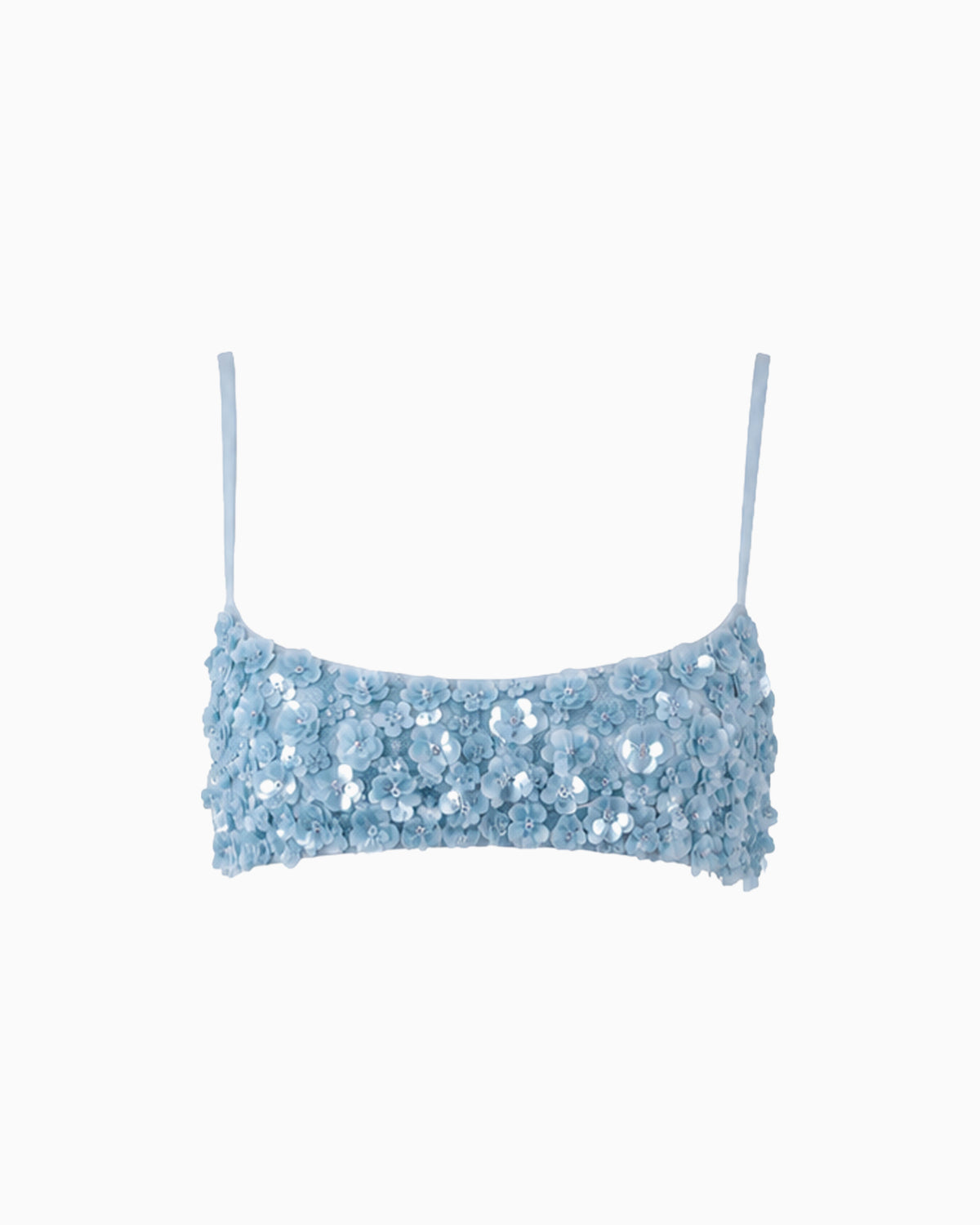 Top Paetê Floral azul com alças finas e decote reto, vista frontal