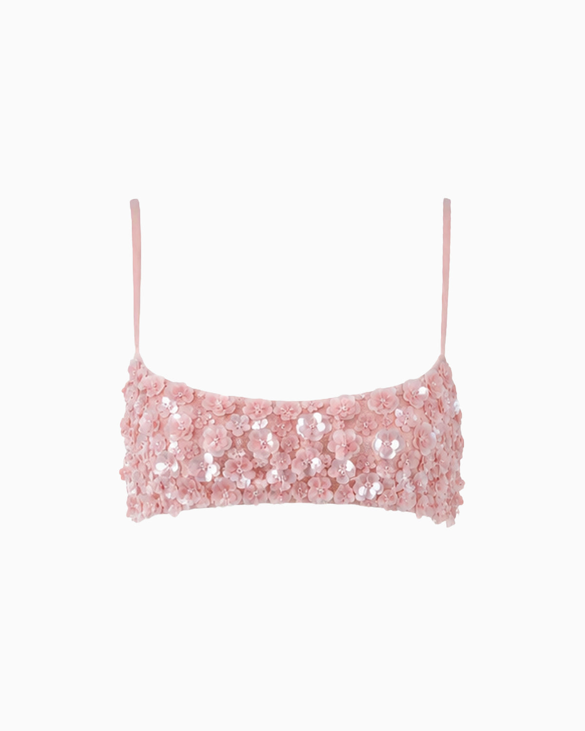 Top Paetê Floral rosa com alças finas e decote reto, vista frontal