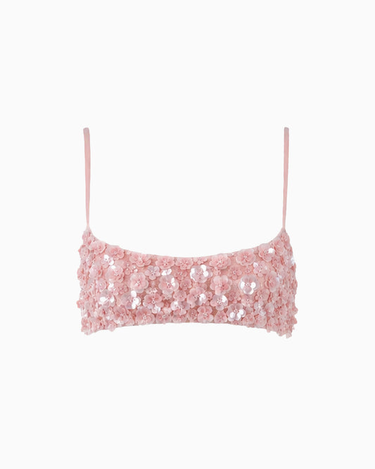 Top Paetê Floral rosa com alças finas e decote reto, vista frontal