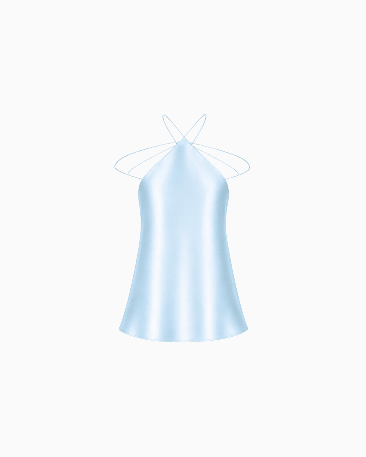 Top Tiras Cruzadas Crepe Ivo azul claro acetinado, gola halter com tiras finas cruzadas, peça sozinha