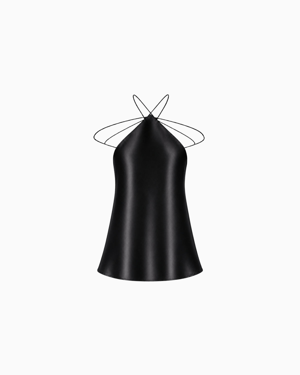 Top Tiras Cruzadas Crepe Ivo preto de cetim, decote halter e tiras finas cruzadas nas costas, peça sozinha