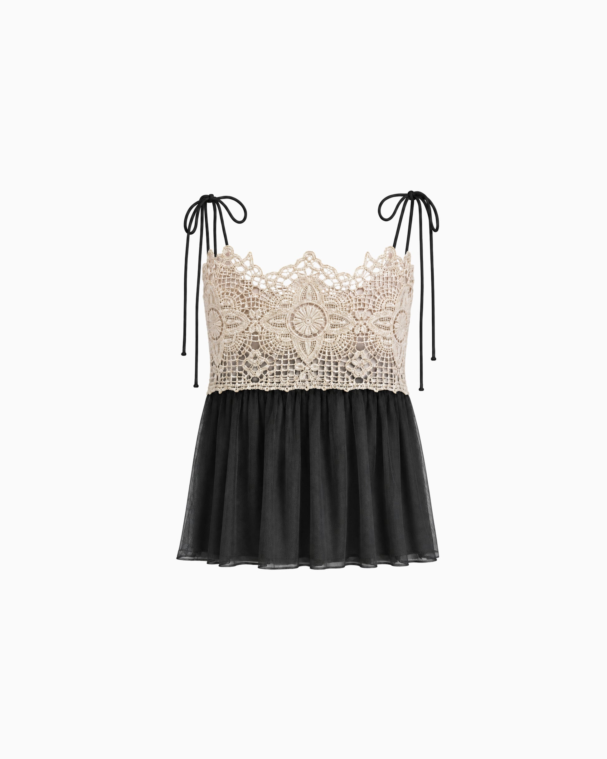 Top Tule Com Renda preto, com busto bege em renda floral, alças de amarração e barra em tule, vista frontal