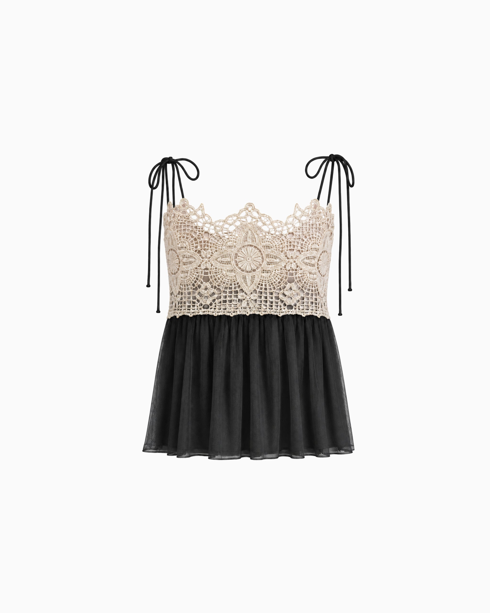 Top Tule Com Renda preto, com busto bege em renda floral, alças de amarração e barra em tule, vista frontal
