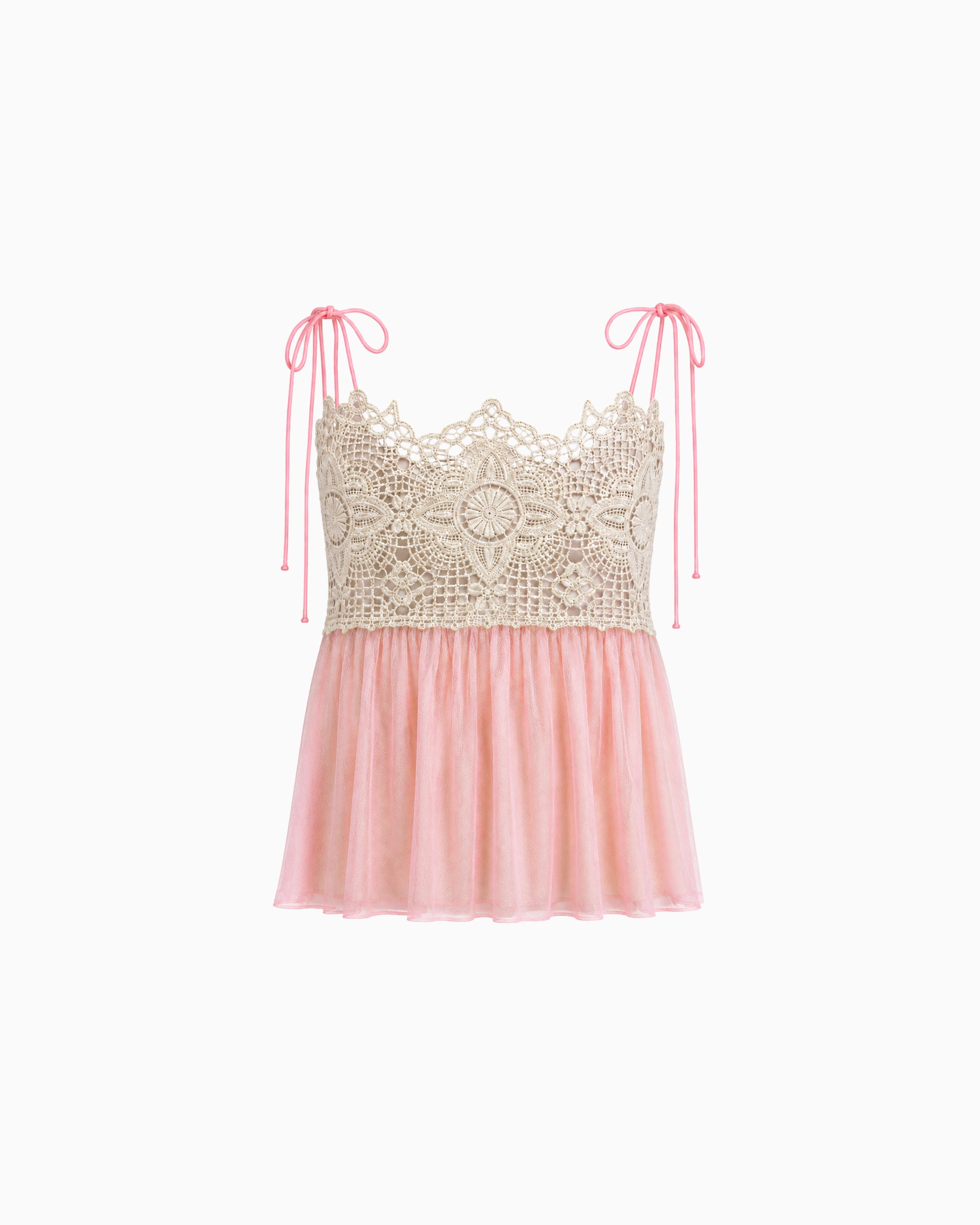 Top Tule Com Renda rosa, com busto bege em renda floral, alças de amarração e barra em tule, vista frontal