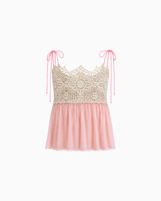 Top Tule Com Renda rosa, com busto bege em renda floral, alças de amarração e barra em tule, vista frontal