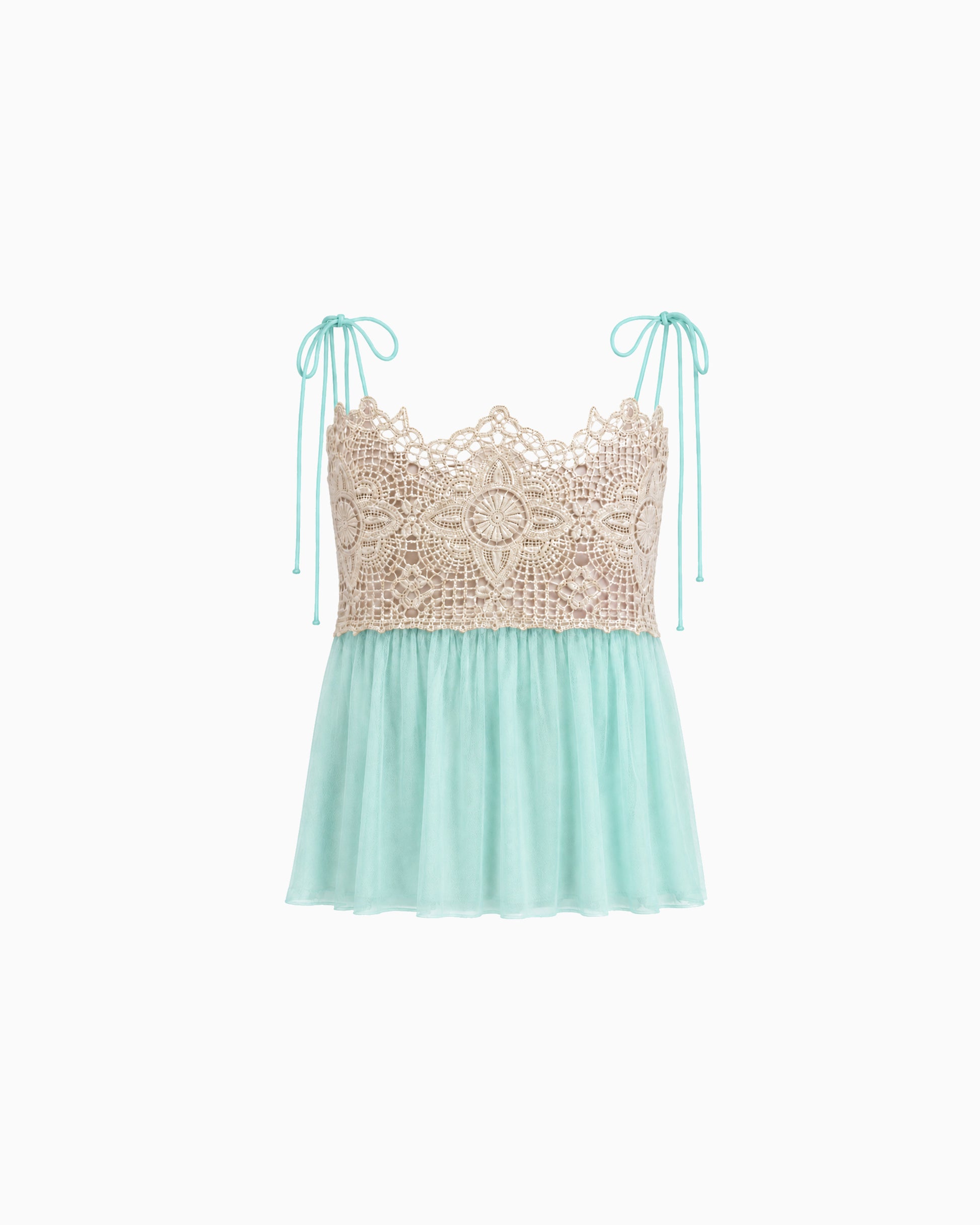 Top Tule Com Renda verde-água, com busto bege em renda floral, alças de amarração e barra em tule, vista frontal