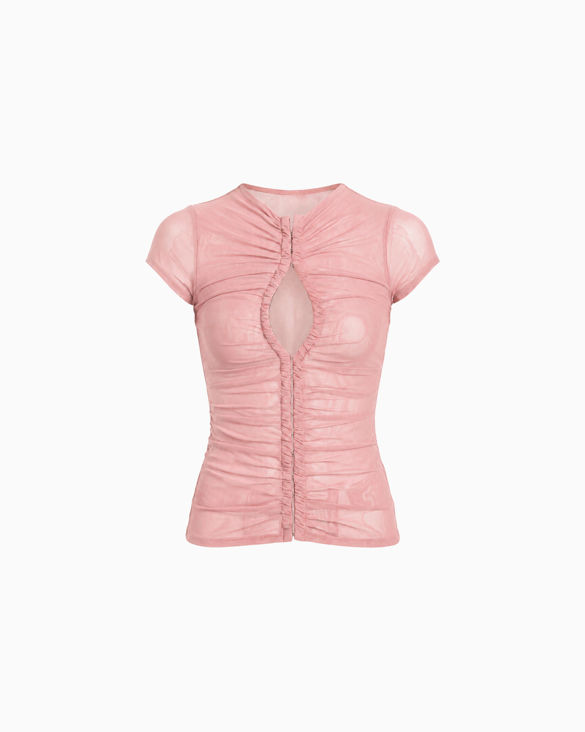 Top Tule Decote Gota rosa, com mangas curtas, franzidos e fechamento frontal por colchetes, vista frontal