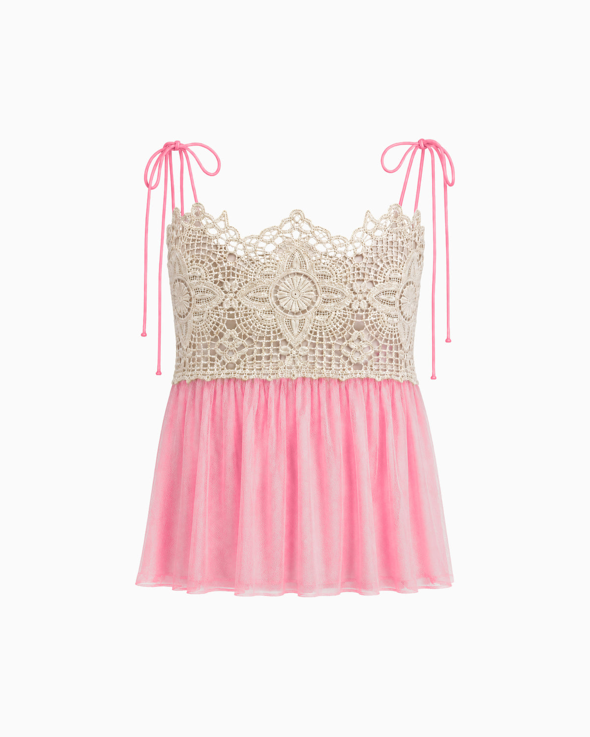 Top Tule Renda Alça Amarração rosa, com busto bege em renda floral, alças de amarração e barra em tule, vista frontal