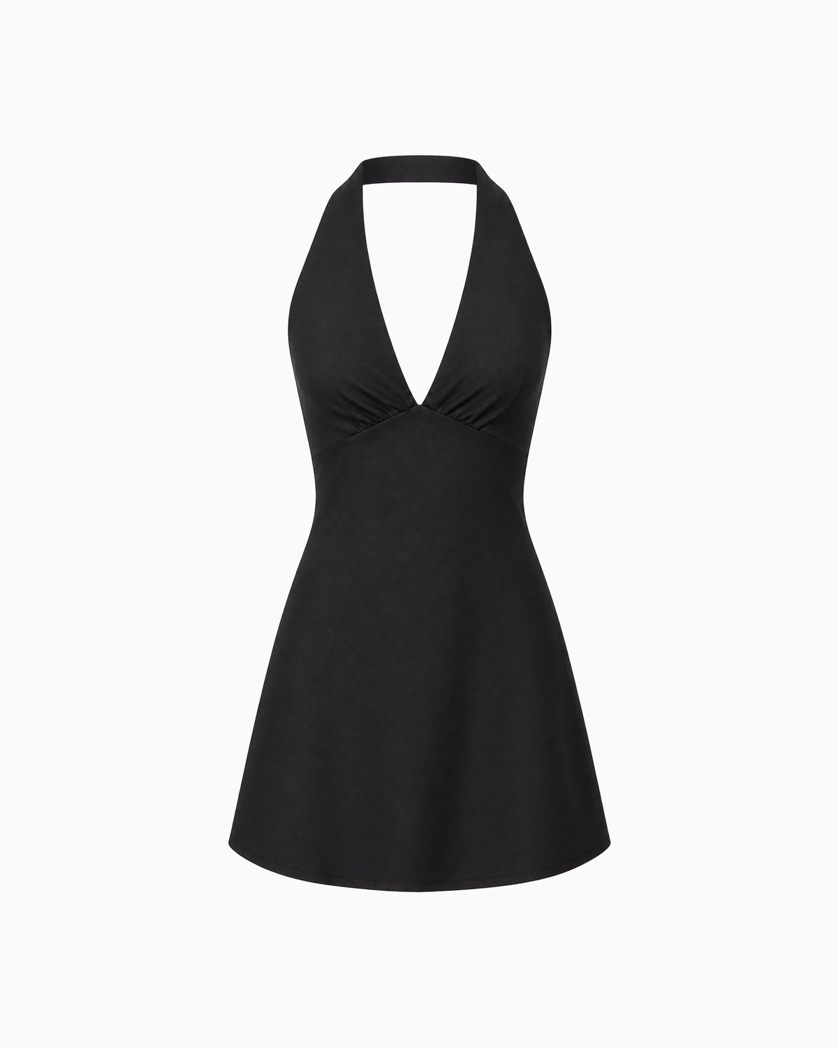 Vestido Alfaiataria Costas Nuas Preto com decote V, busto franzido e saia evasê, peça sozinha