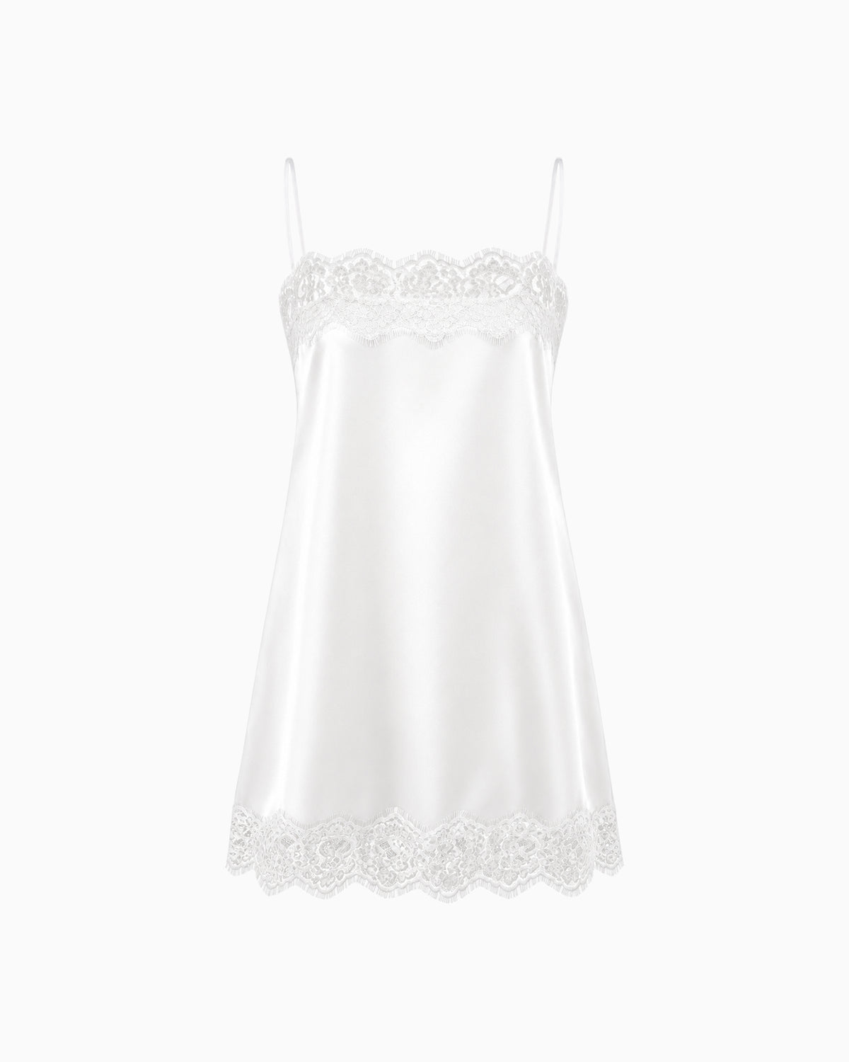 Vestido Cetim Com Detalhes de Renda branco, vista frontal da peça com alças finas