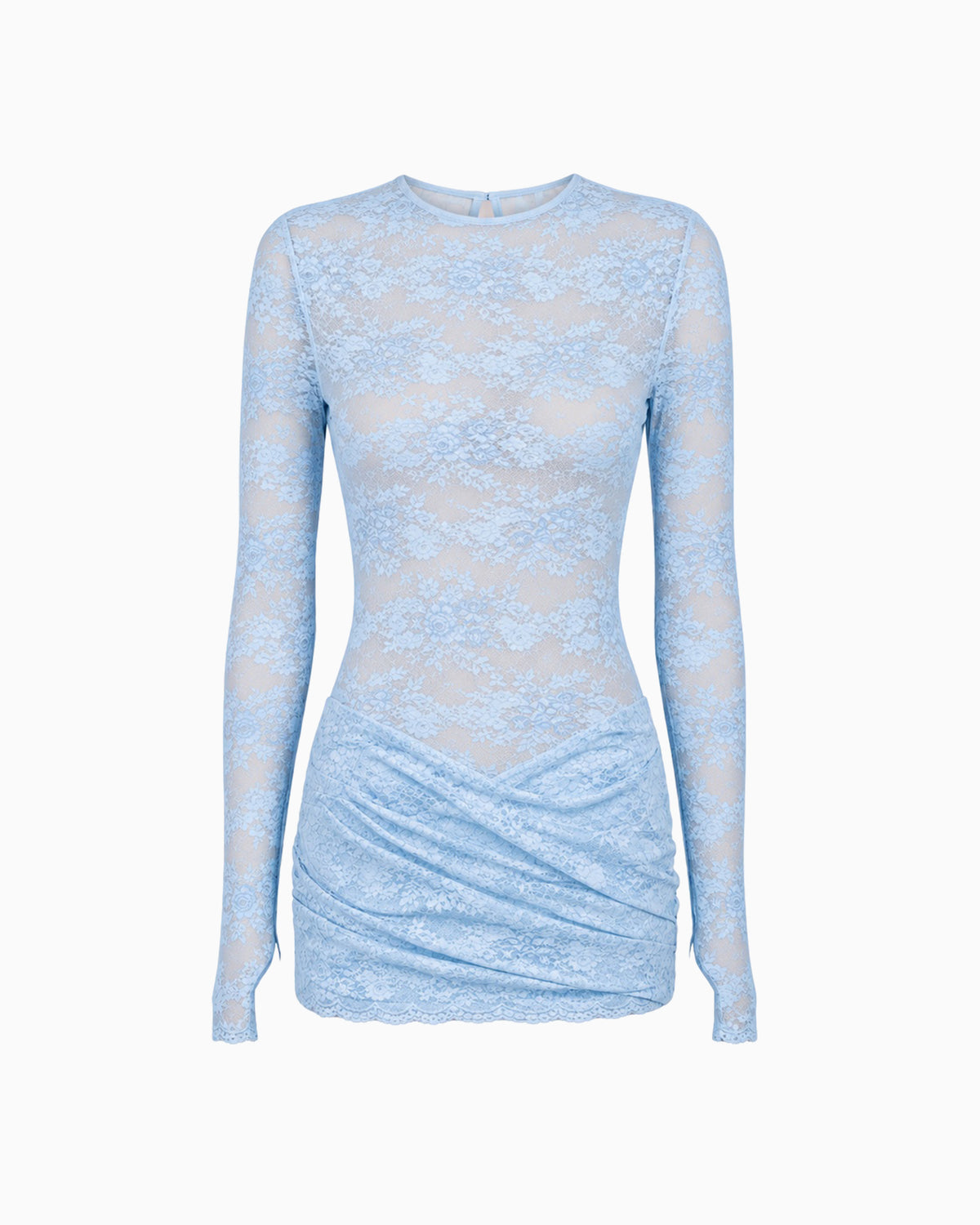Vestido Curto Renda Haze azul claro em renda floral, manga longa e saia curta drapeada, peça sozinha