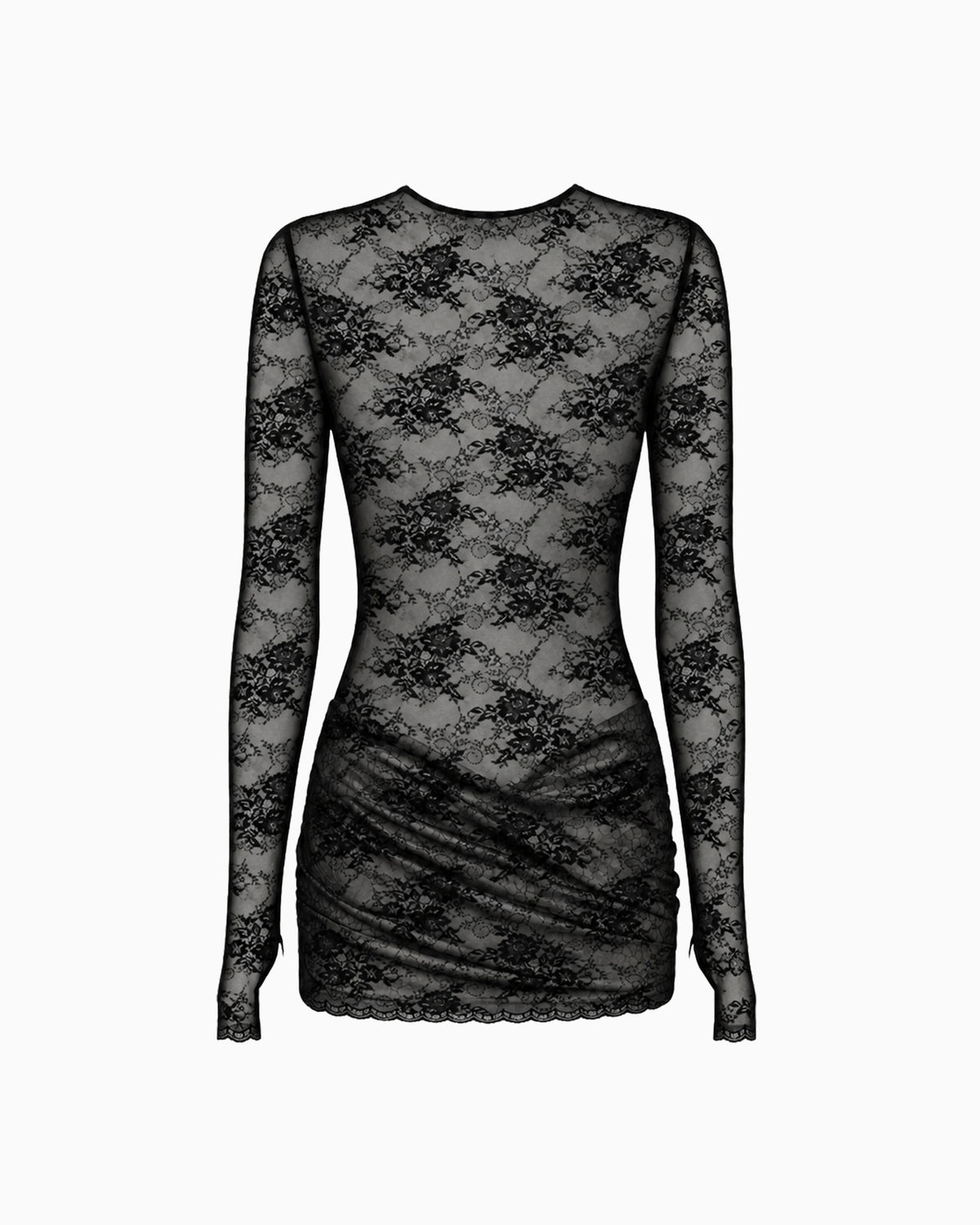 Vestido Curto Renda Haze preto de manga longa, corpo em renda transparente e saia drapeada, peça sozinha