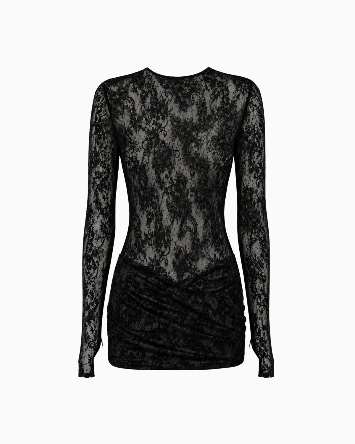 Vestido Curto Renda Haze preto de manga longa, corpo em renda transparente e saia drapeada, peça sozinha
