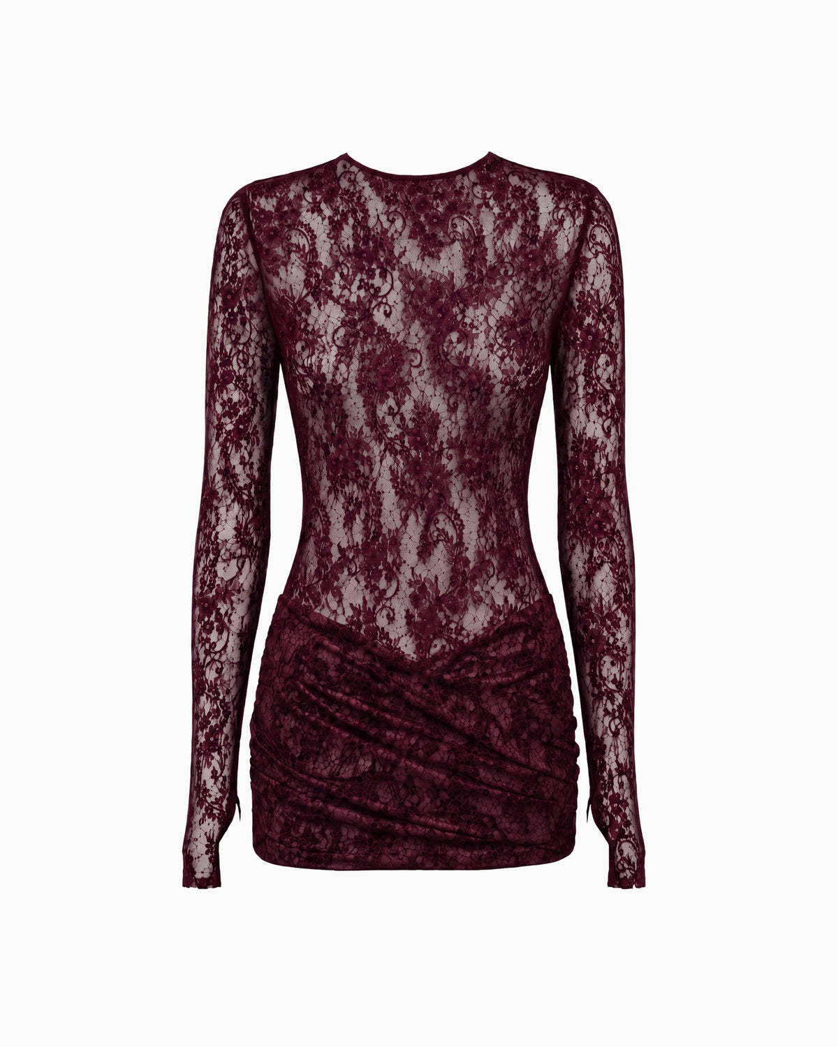 Vestido Curto Renda Haze vinho, renda floral transparente e saia drapeada de cintura baixa, peça sozinha
