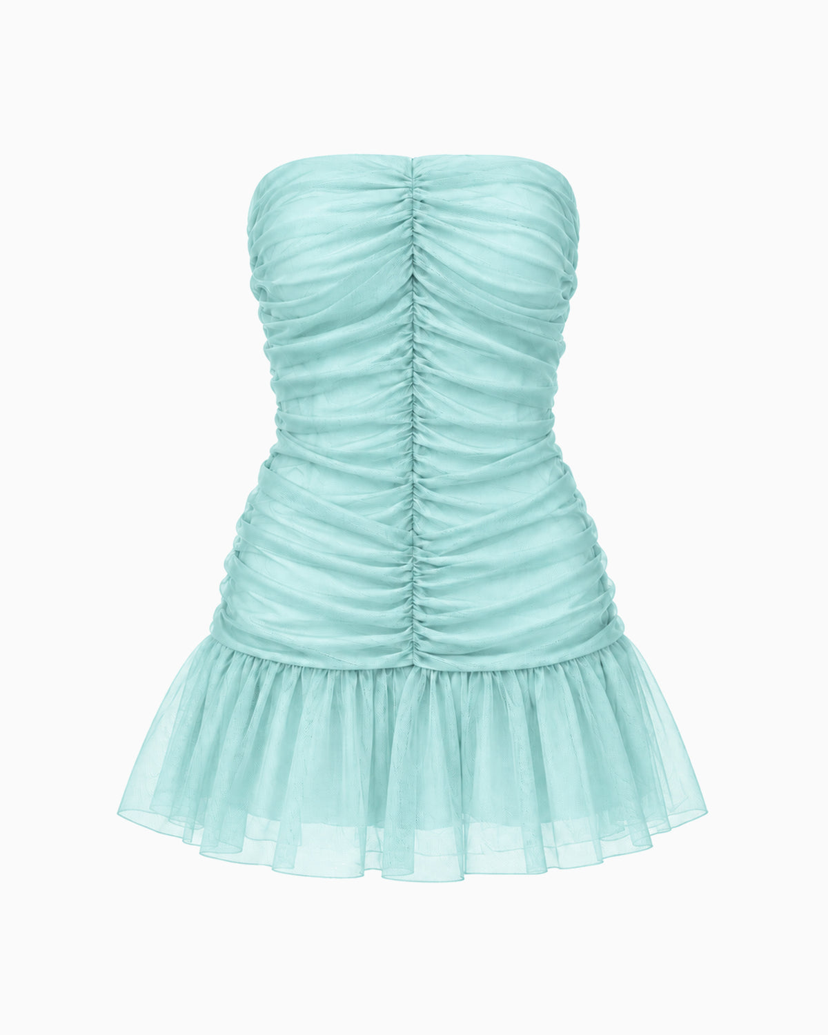 Vestido Curto Drapeado Tule Doll acqua com corpo franzido e saia em tule, vista frontal