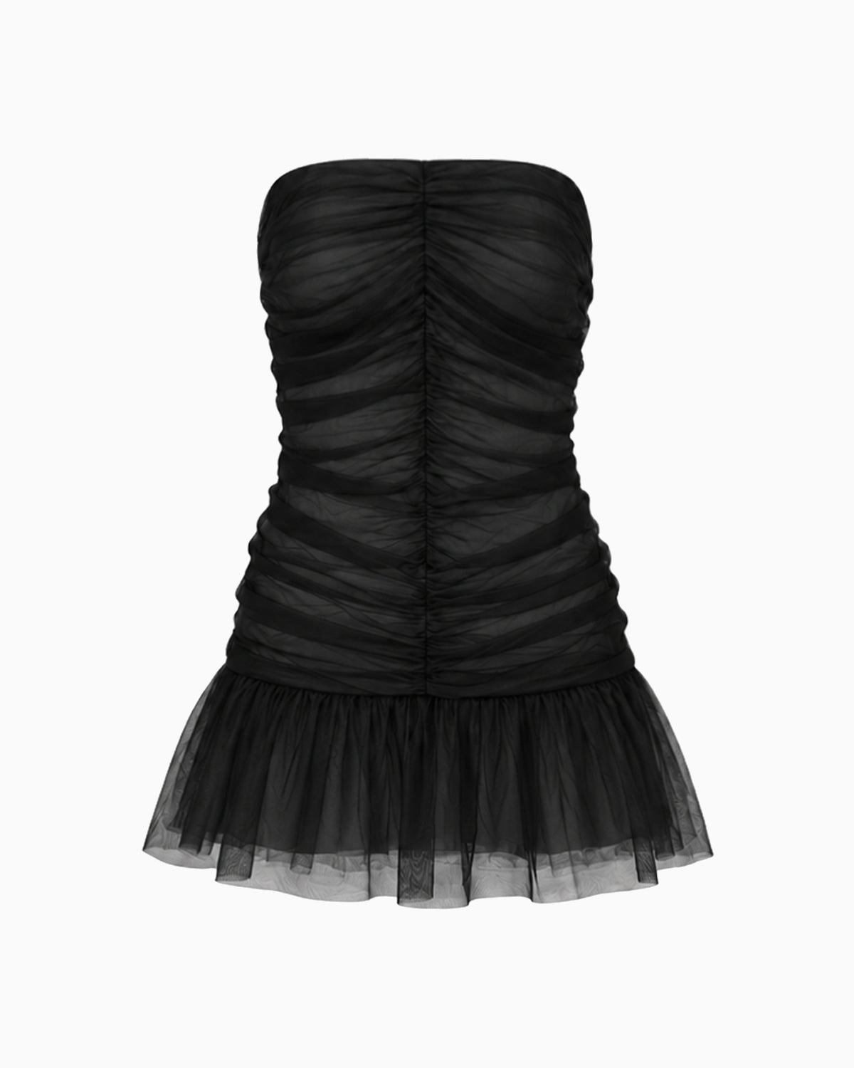 Vestido Curto Drapeado Tule Doll preto com corpo franzido e saia em tule, vista frontal