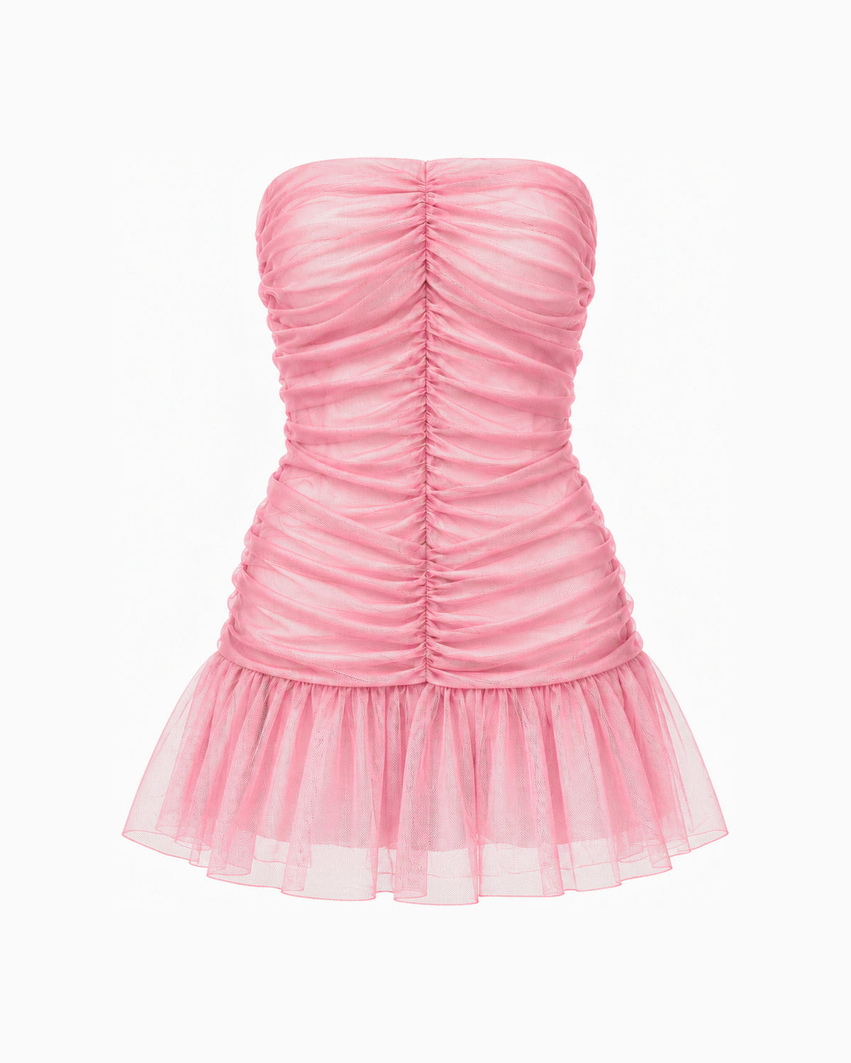 Vestido Curto Drapeado Tule Doll rosa com corpo franzido e saia em tule, vista frontal