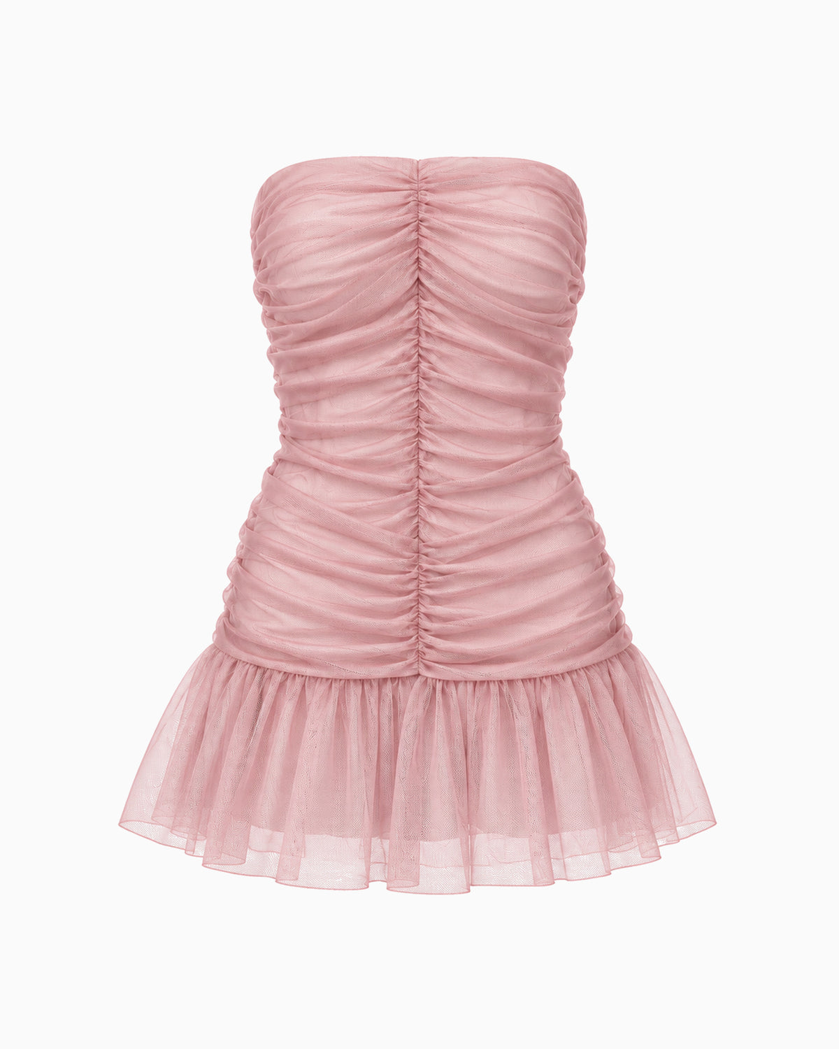 Vestido Curto Drapeado Tule Doll rosa com corpo franzido e saia em tule, vista frontal