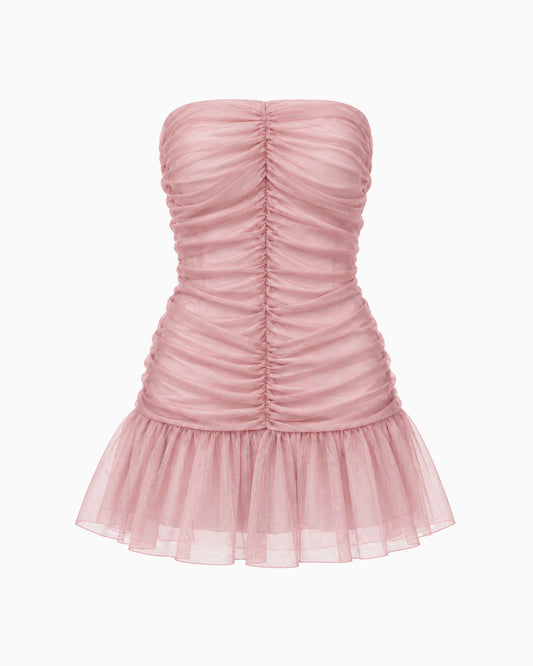 Vestido Curto Drapeado Tule Doll rosa com corpo franzido e saia em tule, vista frontal