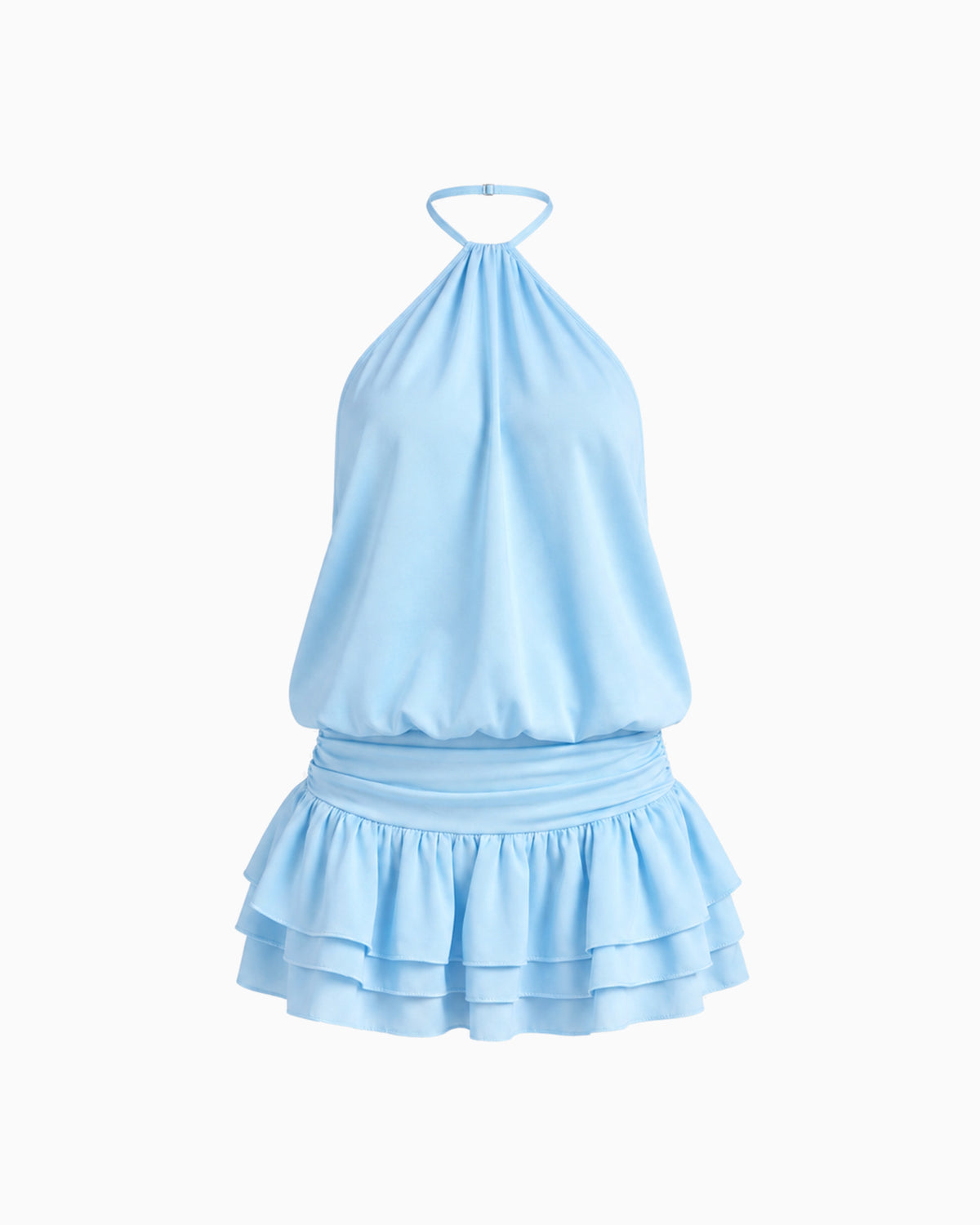 Vestido Curto Frente Única azul com saia de babados em camadas, vista frontal