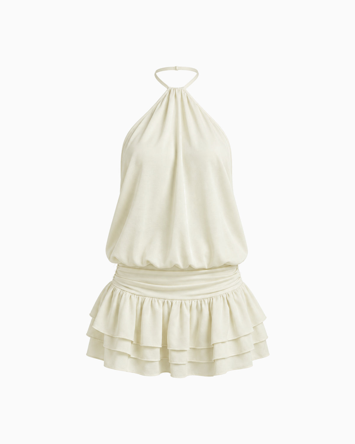 Vestido Curto Frente Única bege com saia de babados em camadas, vista frontal