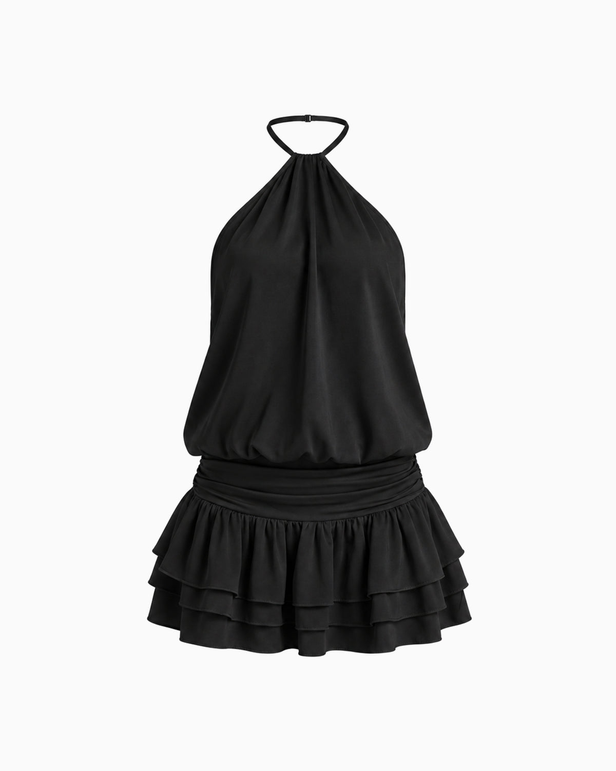 Vestido Curto Frente Única preto com saia de babados em camadas, vista frontal