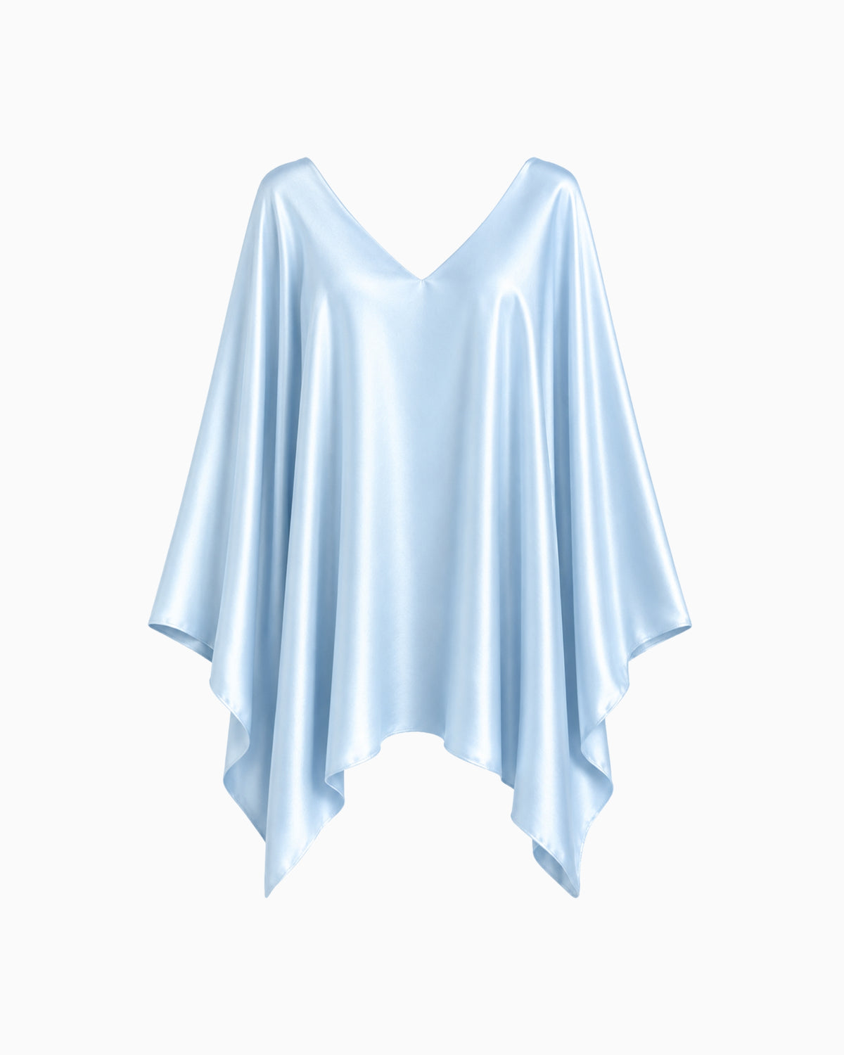 Vestido Curto Manga Morcego Ivo azul claro em cetim, decote V e barra em pontas assimétricas, peça sozinha