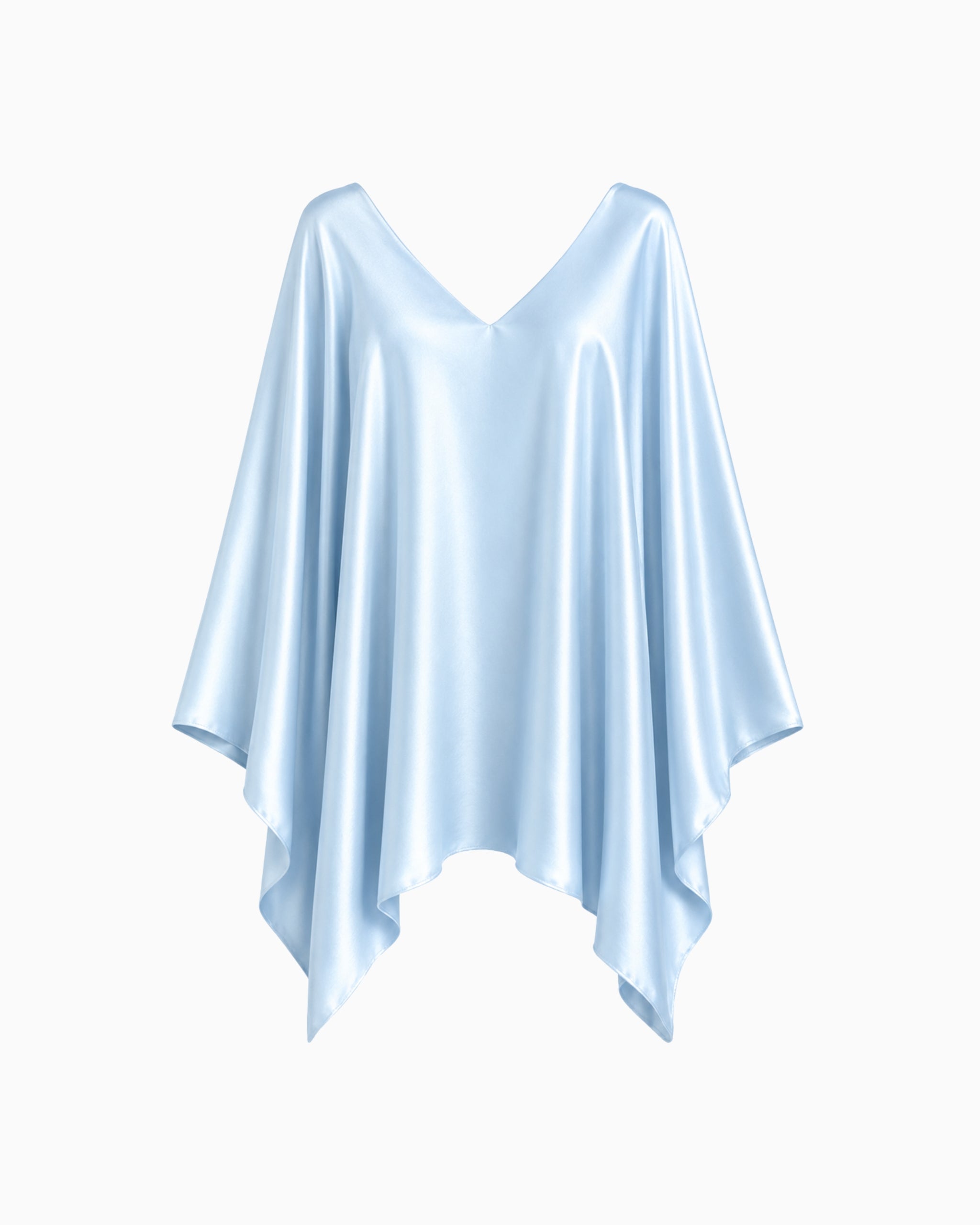 Vestido Curto Manga Morcego Ivo azul claro em cetim, decote V e barra em pontas assimétricas, peça sozinha