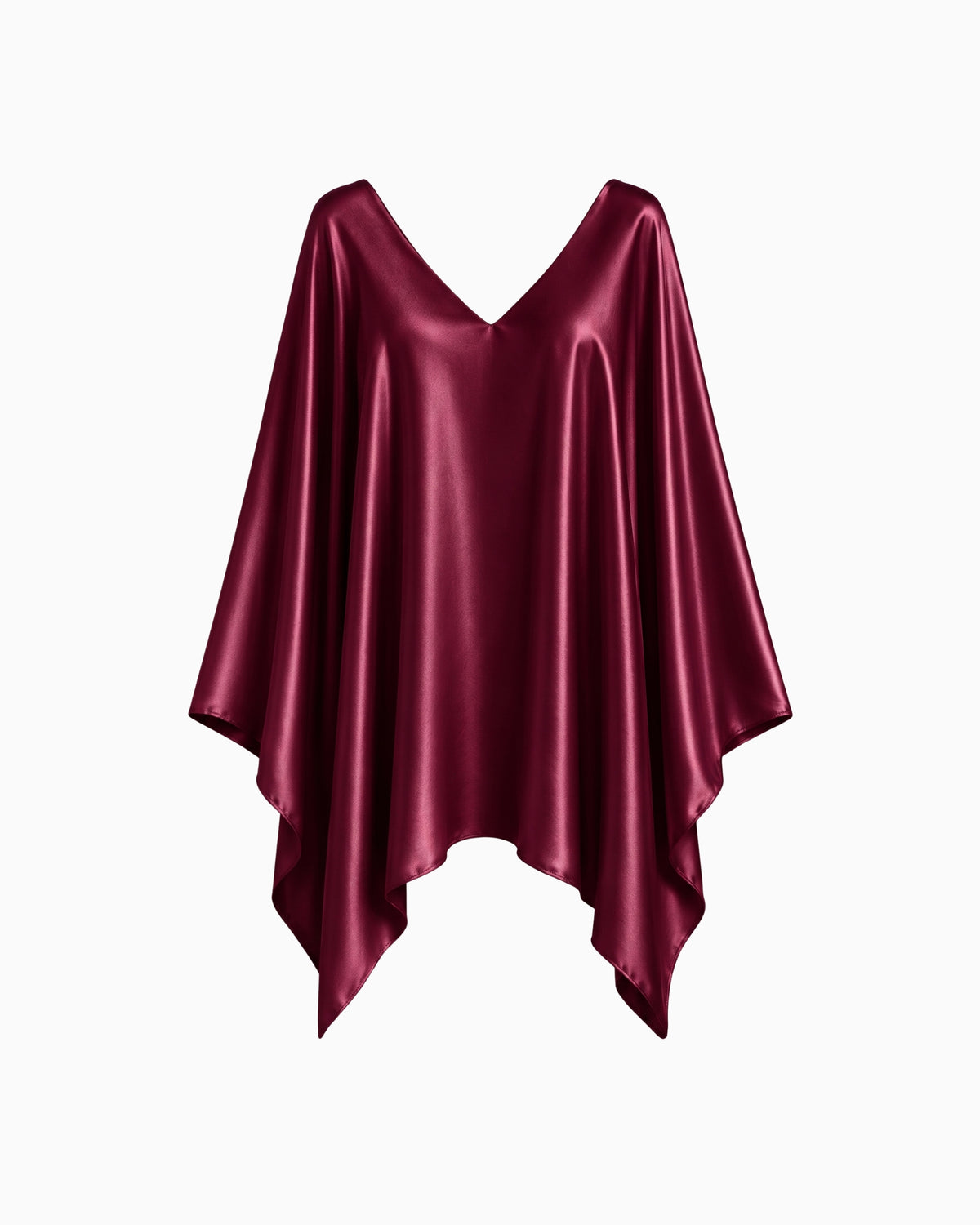 Vestido Curto Manga Morcego Ivo vinho em cetim brilhante, decote V e barra em pontas, peça sozinha