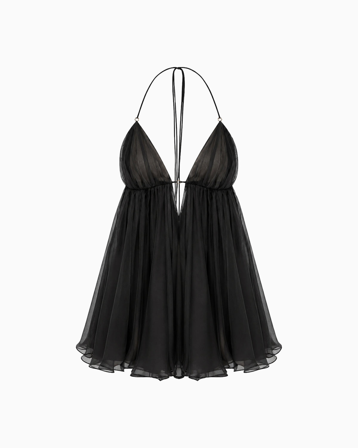 Vestido Curto Plissado preto com decote profundo e saia plissada, vista frontal