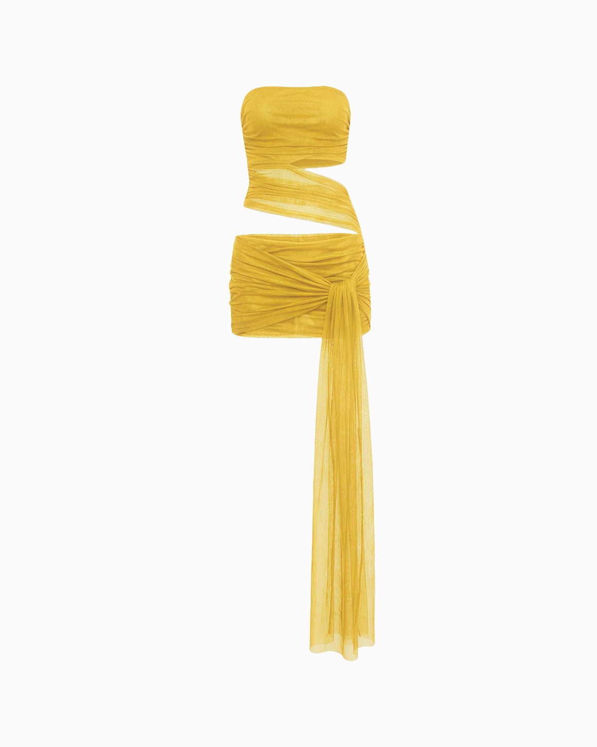 Vestido Curto Transpasses Tule Hexa amarelo, tomara que caia franzido com recorte na cintura e cauda longa de tule