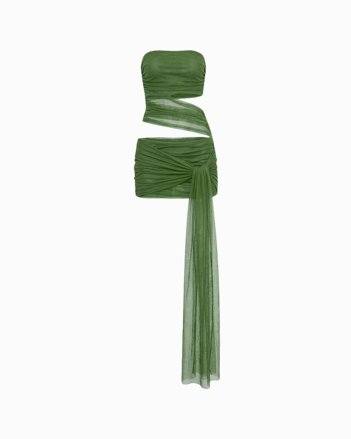 Vestido Curto Transpasses Tule Hexa verde, tomara que caia franzido com recorte na cintura e cauda longa de tule