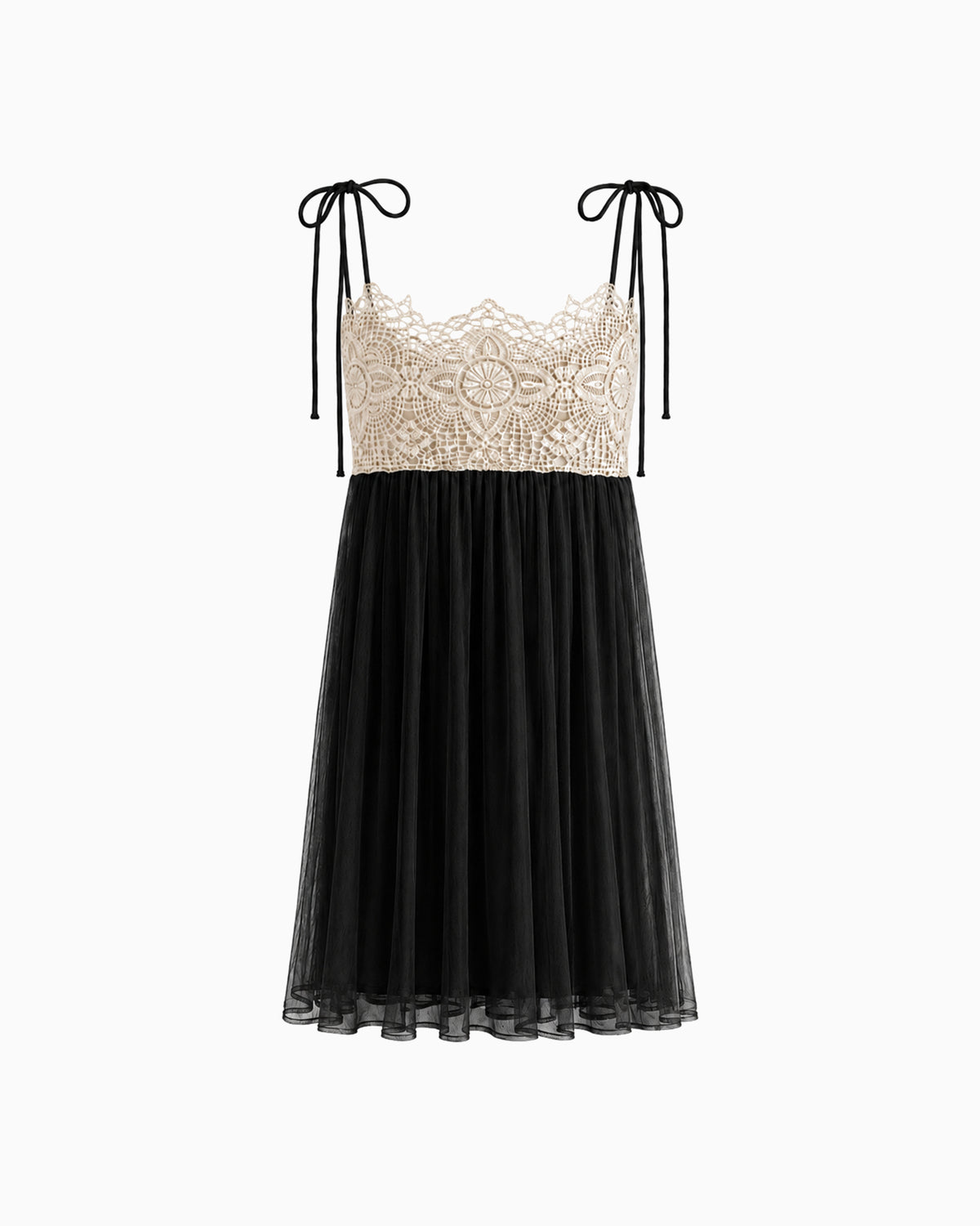 Vestido Curto Tule Com Renda preto, com busto bege rendado, alças de amarração e saia evasê, vista frontal