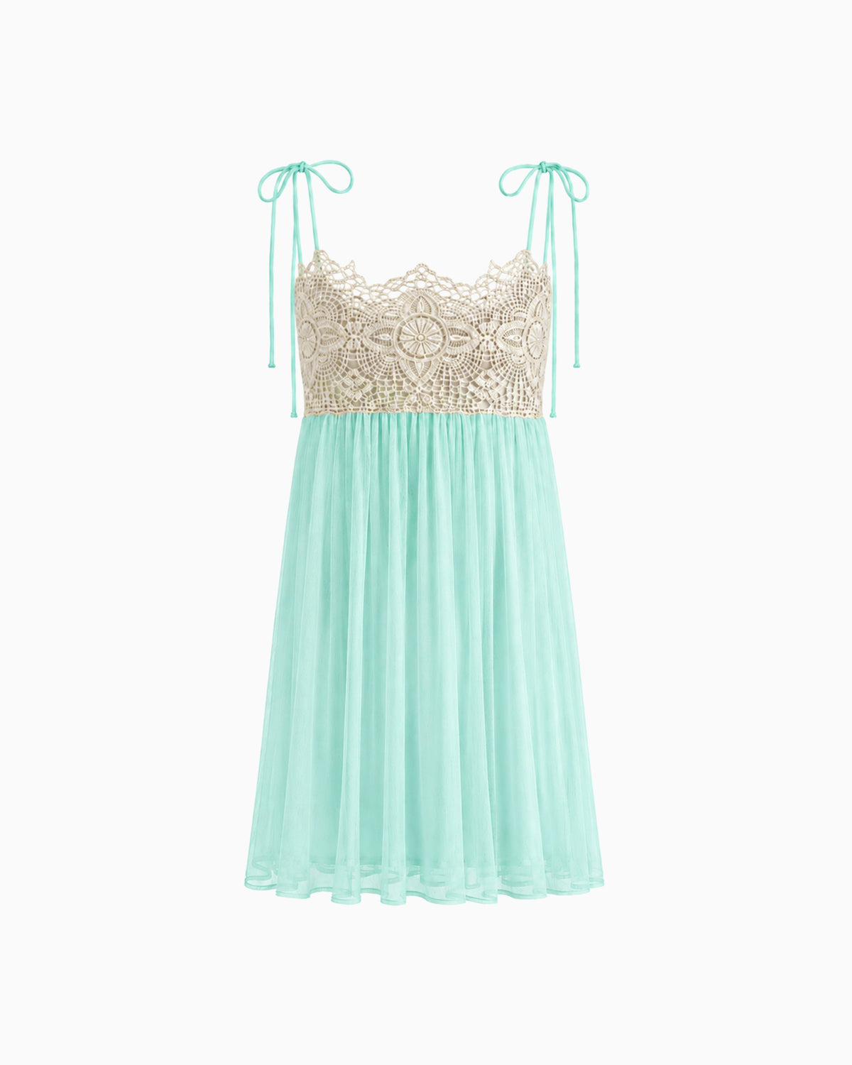Vestido Curto Tule Com Renda verde-água, com busto bege rendado, alças de amarração e saia evasê, vista frontal