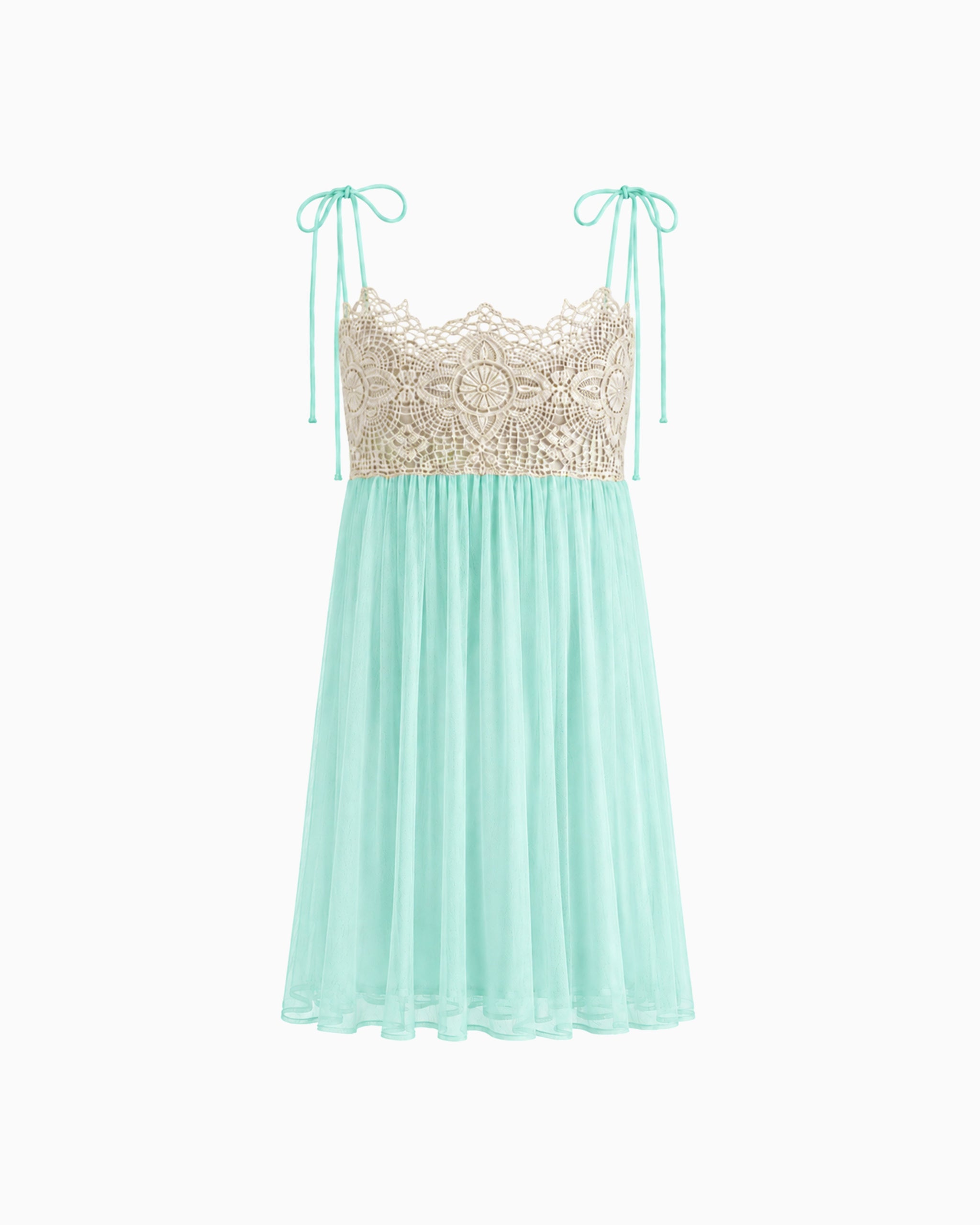 Vestido Curto Tule Com Renda verde-água, com busto bege rendado, alças de amarração e saia evasê, vista frontal
