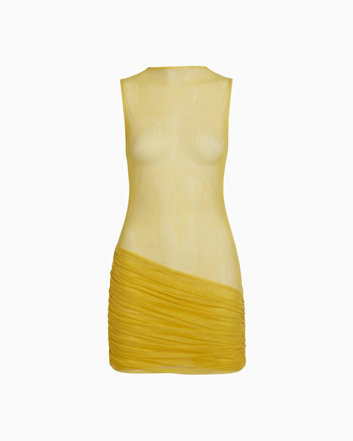 Vestido Drapeado Tule Hexa amarelo em tule transparente, sem mangas, decote redondo e saia drapeada curta
