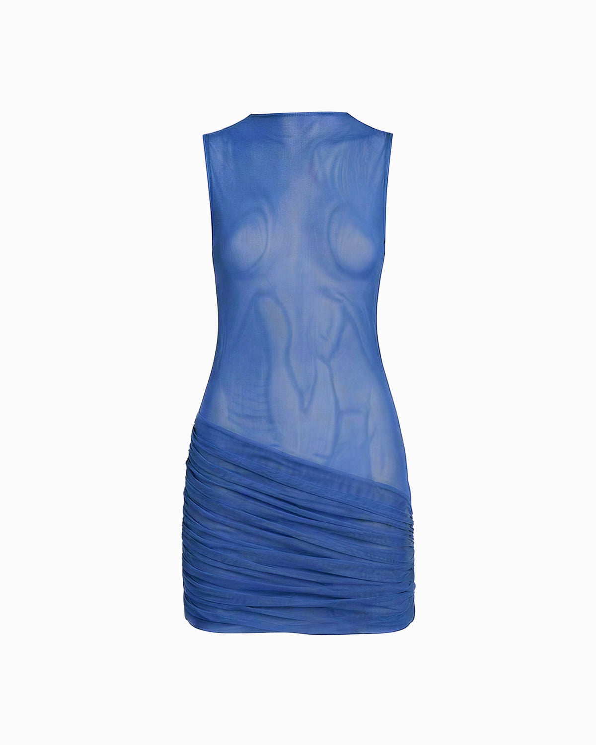 Vestido Drapeado Tule Hexa azul em tule transparente, sem mangas, decote redondo e saia drapeada curta