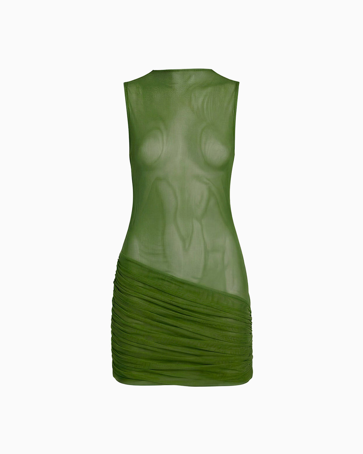 Vestido Drapeado Tule Hexa verde em tule transparente, sem mangas, decote redondo, saia drapeada e comprimento curto