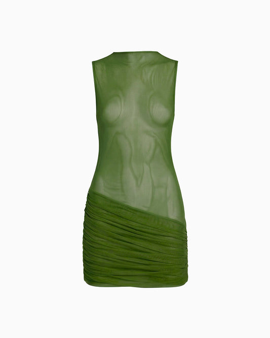 Vestido Drapeado Tule Hexa verde em tule transparente, sem mangas, decote redondo, saia drapeada e comprimento curto