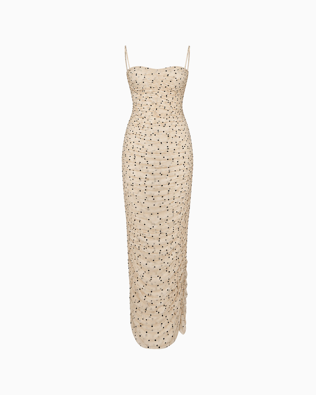 Vestido Longo de Alça Poá bege com poás pretos, alças finas e franzidos, vista frontal